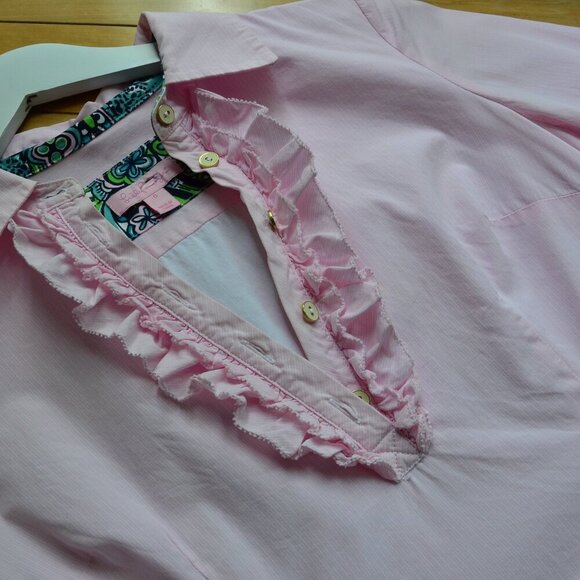 Lilly Pulitzer Pink Pinstripe Ruffle Collar Dress Long Sleeve Size 0 - Picture 9 of 14